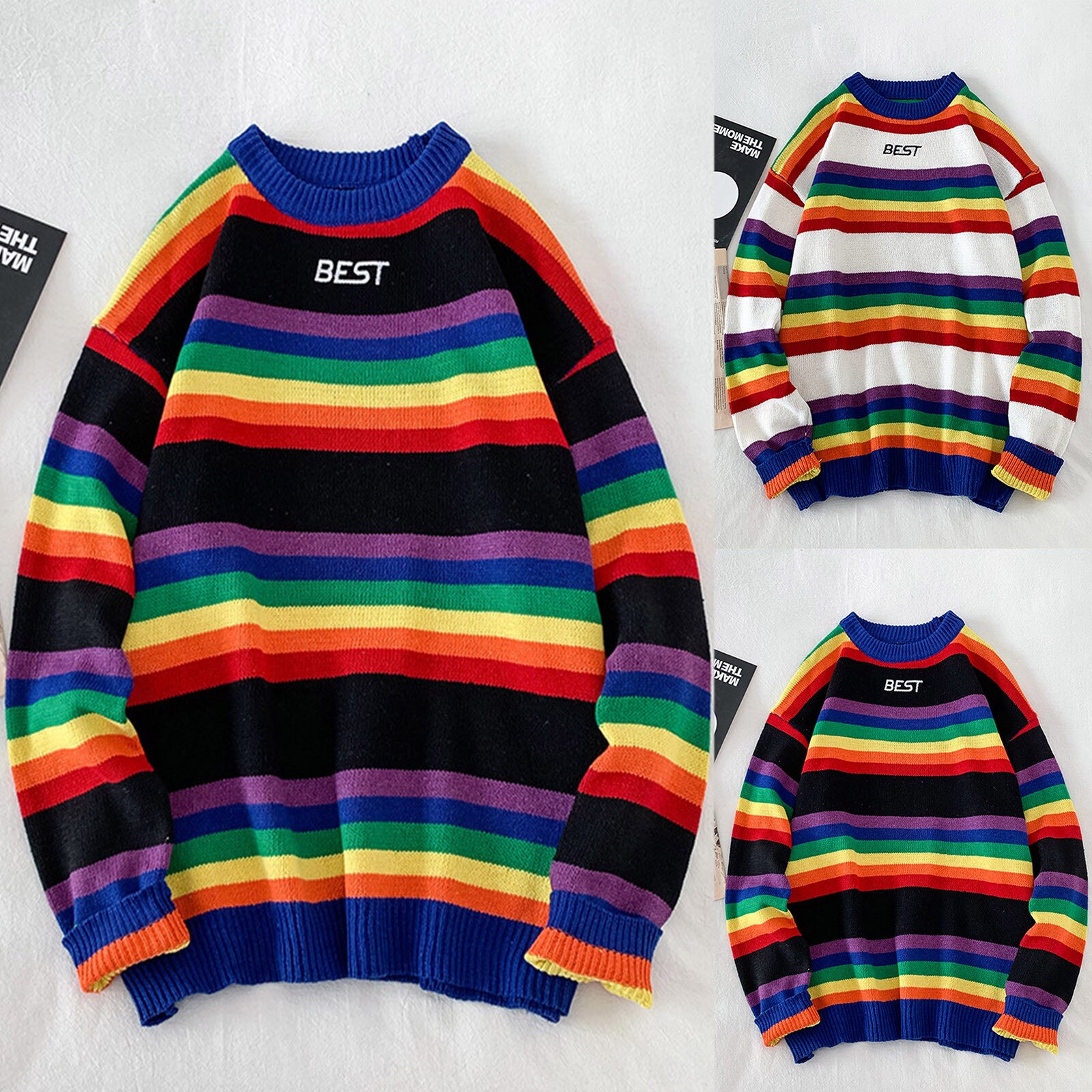 남성 캐주얼 스웨터 패션 레인보우 스트라이프 스플 라이스 스웨터 긴 소매 라운드 넥 스웨터 블라우스